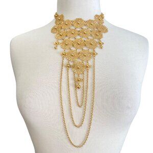 Vintage Intricate Floral Gold Statement Necklace With Matching Earrings Layered